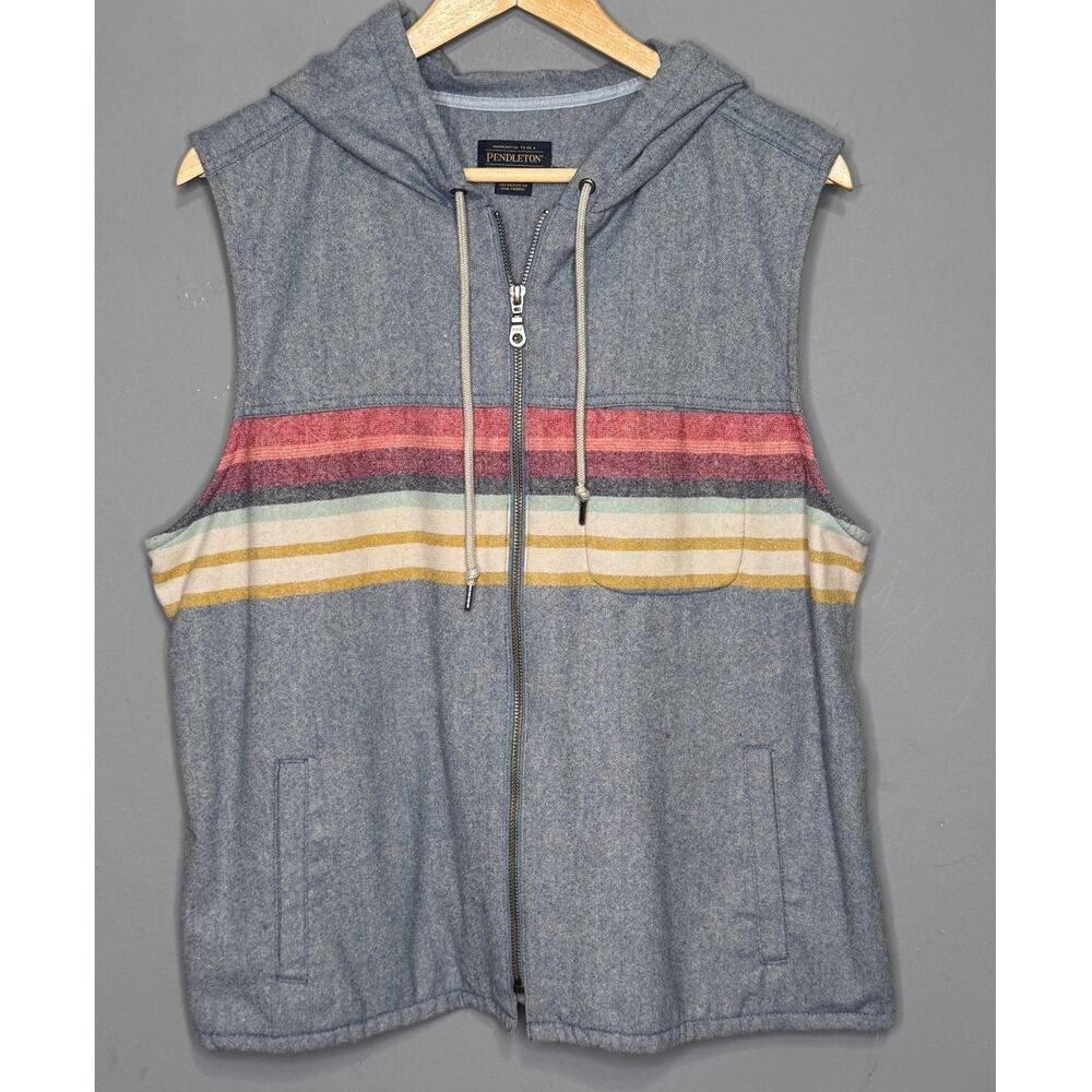Pendleton Vest Gray USA Park Wool Blend Striped Hooded Full Zip No Size Tag - Picture 1 of 5